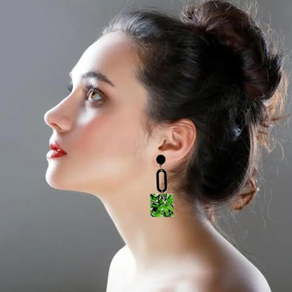 Retro Trendy Acrylic Multicolor Mottled Geometric Drop Earrings | Statement Dangle Jewelry for Women - color: green