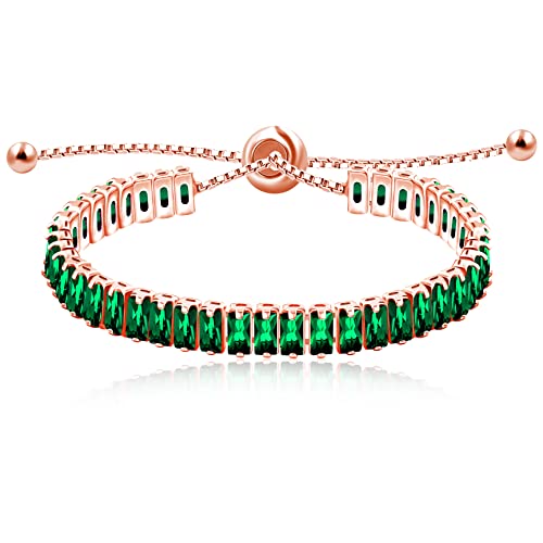 Uloveido Classic Emerald Cut Rectangular Cubic Zirconia Eternity Tennis Bracelet Adjustable for Women Y1788 - color: Rose Gold-Dark Green