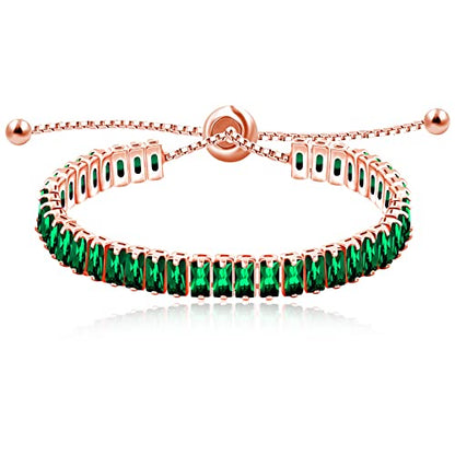 Uloveido Classic Emerald Cut Rectangular Cubic Zirconia Eternity Tennis Bracelet Adjustable for Women Y1788 - color: Rose Gold-Dark Green