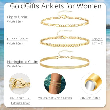 Waterproof Ankle Bracelets for Women,14k Gold Plated Hypoallergenic Layered Stackable herringbone Cuban Link Chain,Adjustable Beach Anklets Bracelets for Women Gift 3pc Sets - color: Gold