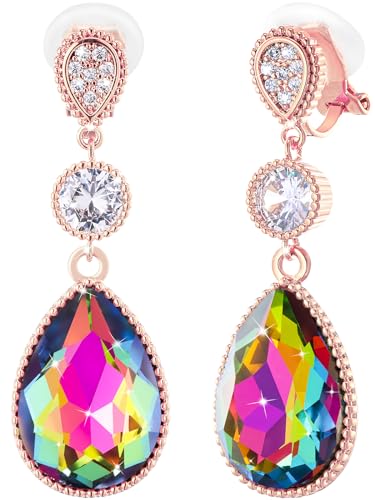 Clip On 18 * 13MM Big Crystal Dangle Non Pierced Earrings for Women 14K Gold Plated Jewelry - color: Rainbow-Rose Gold Plated