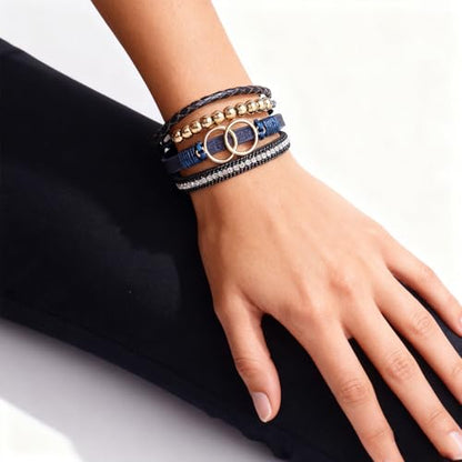 Leather Wrap Bracelets for Women, Boho Leopard Multi-Layer Crystal Beads Cuff Jewelry - color: J-Warp-013