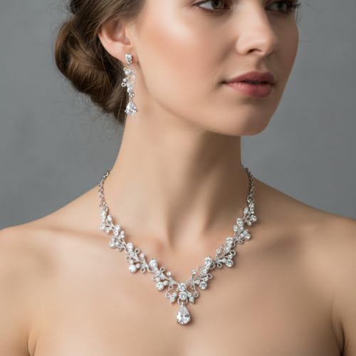 Silver Jewelry Sets for Women Rhinestone Necklace Dangle Earrings Bracelet Set Bridal Wedding Jewelry Sets for Brides Bridemaid Prom Costume Accessories Jewelry - style: Silver Jewelry Set style3
