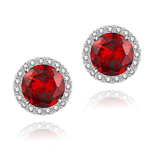YOMELA Round Cubic Zirconia Stud Earrings for Women | Everyday Dainty, Diamond-Like Brilliance, CZ Halo Birthstone Studs, Hypoallergenic & Lightweight, Elegant & Versatile - color: Red