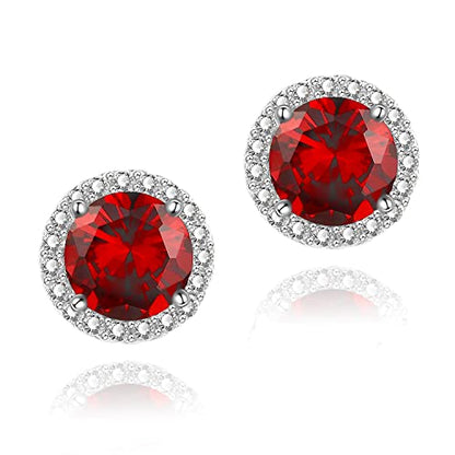 YOMELA Round Cubic Zirconia Stud Earrings for Women | Everyday Dainty, Diamond-Like Brilliance, CZ Halo Birthstone Studs, Hypoallergenic & Lightweight, Elegant & Versatile - color: Red