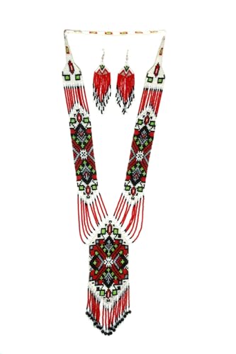Long Beaded Necklace – Boho Native Handmade Seed Bead Tassel Necklace, Bohemian Large Statement Beaded Necklace for Women - color: Black-Red White