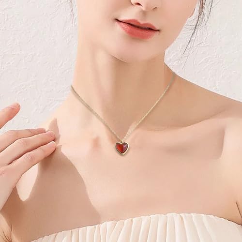 Sonateomber Gold Stone Pendant Necklace for Women, Chunky Statement Dainty Heart Oval Natural Gemstone Dangle Necklaces Wedding Prom Accessories Fashion Jewelry Gift - color: Red