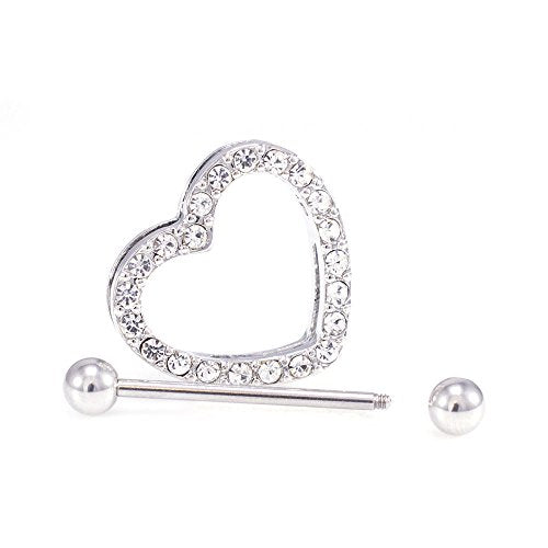 14G Stainless Steel CZ Paved Heart Nipple Rings Nipple Piercing Jewelry for Women 7/8 Inch 22mm - color: Silver - Clear CZ