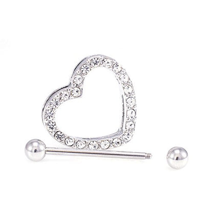 14G Stainless Steel CZ Paved Heart Nipple Rings Nipple Piercing Jewelry for Women 7/8 Inch 22mm - color: Silver - Clear CZ