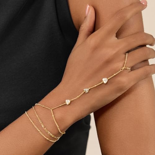 Cicy Bell Hand Chain Bracelets for Women 18K Gold Plated | Layered Stackable Dainty Ring Bracelets, Adjustable Satellite Bead Dot Link Finger Bracelets - color: Style G-Gold