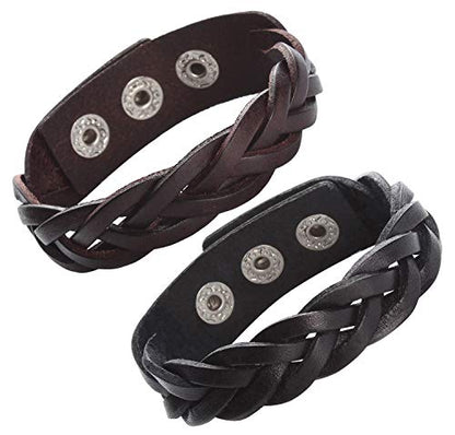 CCBFY Genuine Leather Bracelet Braided Sporty Wide Wristband Punk Jewelry for Men Women - color: Set of 2 - Black + Brown