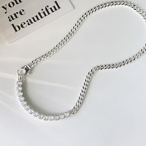 IMBOS 14K Gold Plated Chunky Chain Choker Necklaces for Women Chunky Gold Necklace Tennis Necklace for Women CZ Love Chain Cuban Link Choker Jewelry Gifts - color: Silver-Chunky Tennis