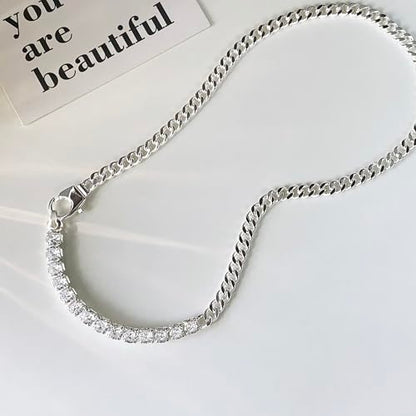 IMBOS 14K Gold Plated Chunky Chain Choker Necklaces for Women Chunky Gold Necklace Tennis Necklace for Women CZ Love Chain Cuban Link Choker Jewelry Gifts - color: Silver-Chunky Tennis