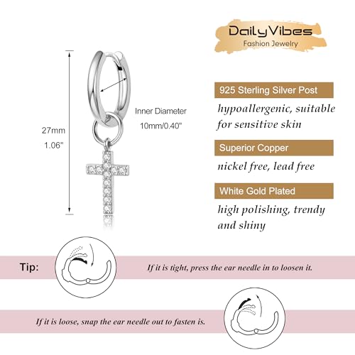 DAILY VIBES Cute Butterfly Star Cross Heart CZ Dangle Earrings for Women | 925 Sterling Silver Post, 14K Gold or Silver Plated, Mini Cubic Zirconia Dainty Drop, Cartilage Small Huggie Hoop Earrings - color: Silver Cross CZ