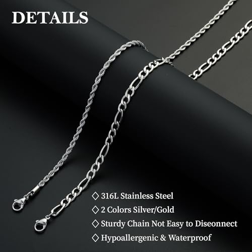 Layered Stainless Steel Chain Necklaces for Men Boys, 2Pcs Cuban Link/Rope/Herringbone Chains Jewelry Gifts, 16 "/18 ", 18 "/20 ", 20 "/22 ", 22 "/24 " - color: Silver, size: 22IN/24IN, style: Figaro/ Rope Chain Set