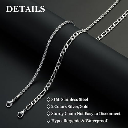 Layered Stainless Steel Chain Necklaces for Men Boys, 2Pcs Cuban Link/Rope/Herringbone Chains Jewelry Gifts, 16 "/18 ", 18 "/20 ", 20 "/22 ", 22 "/24 " - color: Silver, size: 16IN/18IN, style: Figaro/ Rope Chain Set