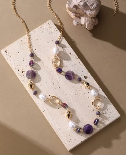Long Gold Necklaces for Women Trendy Beaded Chain Necklace Chunky Costume Jewelry Gifts for Her - color: Amethyst