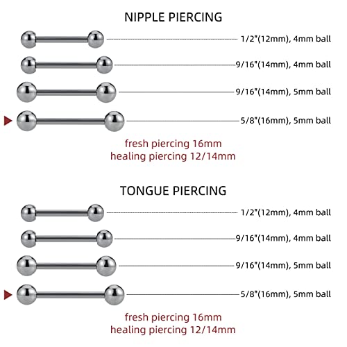 14G ASTM F136 Titanium Straight Barbell Rings for Nipple/Tongue/Dimply/Industrial - Internally Threaded Hypoallergenic Body Piercing Jewelry Gift for Women & Men, Nickel Free, Lead-Free - color: 14G(1.6mm), 5/8"(16mm), 5mm top