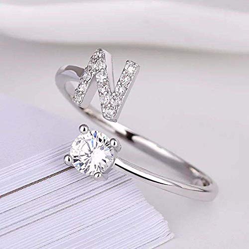 FUTIMELY Initial Letter Ring Alphabet Ring A-Z Silver Crystal Open Adjustable Personalized Initial Ring for Women - style: N