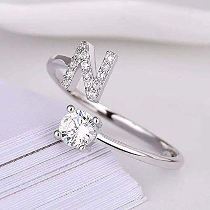 FUTIMELY Initial Letter Ring Alphabet Ring A-Z Silver Crystal Open Adjustable Personalized Initial Ring for Women - style: N