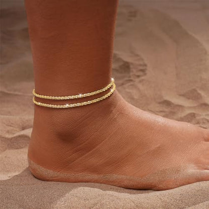Gold/Silver Ankle Bracelets for Women,14K Gold Anklets for Women Waterproof Sparkly Chain Rhinestone Anklets Set Stackable Layered Anklet Bracelets for Women Beach Gold Jewelry Gift - style: Sparkly GD