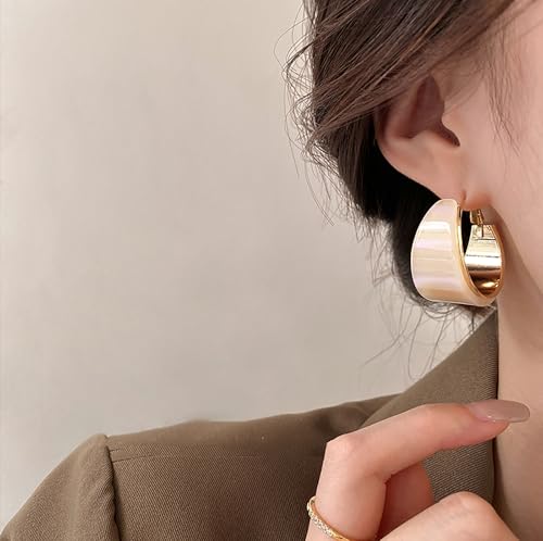 18mm Wide Thick Resin Hoop Earrings for Women Hypoallergenic Sterling Silver Pin Chunky Acrlic Geometric Lightweight Huggie Hoops Earring Retro Birthday Christmas Jewelry Boho Statement - color: Beige