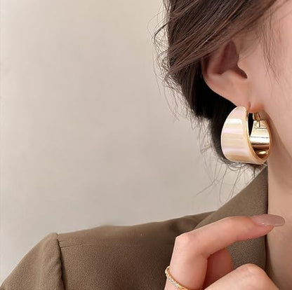 18mm Wide Thick Resin Hoop Earrings for Women Hypoallergenic Sterling Silver Pin Chunky Acrlic Geometric Lightweight Huggie Hoops Earring Retro Birthday Christmas Jewelry Boho Statement - color: Beige