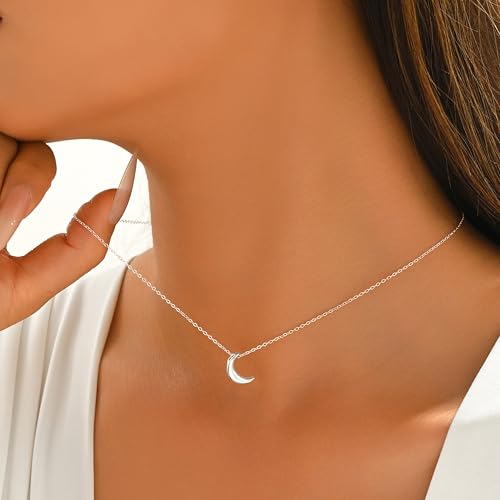 925 Sterling Silver Crescent Moon Necklace for Women | Crescent Choker Necklace 14K Gold Plated Dainty Half Moon Pendant Necklace for Mother Daughter Wedding Jewelry Gift - color: Silver