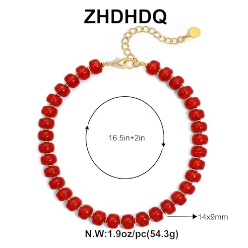 Chunky Beaded Necklace for Women, Colorful Boho Statement Necklace, Gold Chunky Resin Large Bead Necklace, Waterproof Summer Beach Jewelry Gifts for Women - color: Red