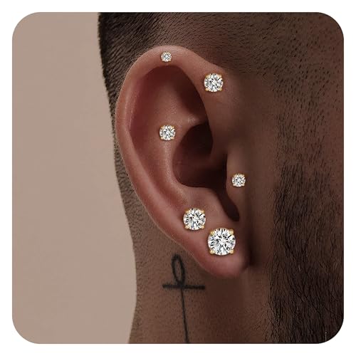 18K White/Yellow Gold Plated Stud Earrings for Men Women 4 Prong Graduated Round Clear Cubic Zirconia Hypoallergenic Earrings Set 3-8MM - color: Yellow Gold Plated, size: 6MM