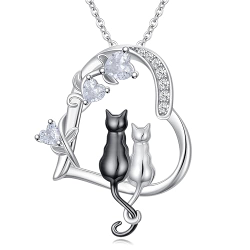 Heart Animal Necklace 925 Sterling Silver Cute Animal Pendant Jewelry Birthday Gifts for Women Girlfriend Mom Animal Lovers - style: 1-2 Black Cat