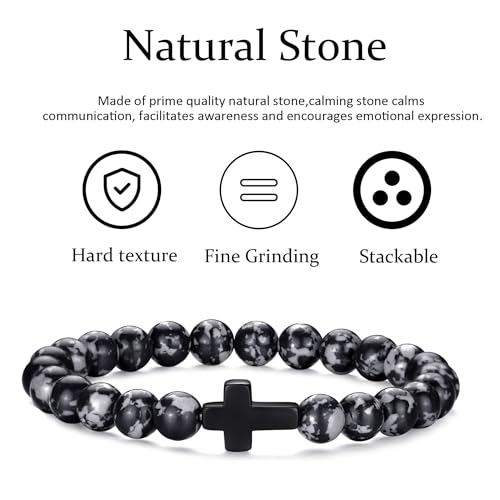 Mens Beaded Bracelets Set 8MM Tiger Eye Lava Stone Stretch Natural Stone Men's Bead Bracelet Mens Bracelet - color: 4,Cross-Bracelet-B