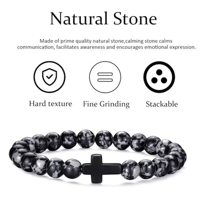 Mens Beaded Bracelets Set 8MM Tiger Eye Lava Stone Stretch Natural Stone Men's Bead Bracelet Mens Bracelet - color: 4,Cross-Bracelet-B