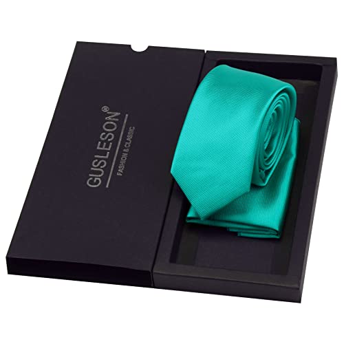 GUSLESON 2.4" Slim Necktie and Handkerchief Set For Men Solid Skinny Tie Set - color: Aqua