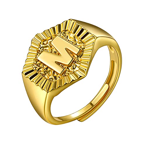 U7 Initial Ring Wedding Band for Men Women 18K Gold Plated Statement Hexagon A-Z Letter Jewelry Personalized Stackable Signet Rings - color: M