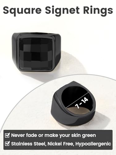KeyStyle Square Gemstone Signet Rings for Men, Personalized Stainless Steel Pinky Ring with Black Onxy Blue Topaz Birthstone Statement Ring - color: Black -Black Onyx - 15mm