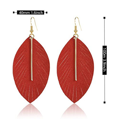 YUNXI Large Genuine Soft Leather Handmade Fringe Feather Lightweight Leaf with Simple Drop Metal Bar Tear Drop Dangle Color Earrings for Women - color: Red