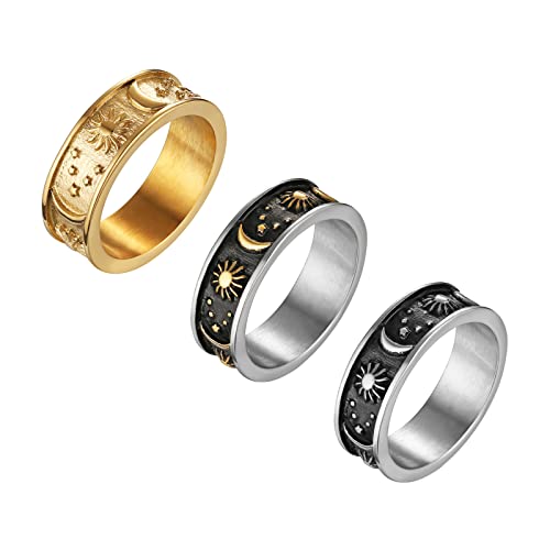 HZMAN 8mm Moon Star Sun Statement Ring Stainless Steel Boho Jewelry for Women Men - color: Three Color Moon Star Sun Ring