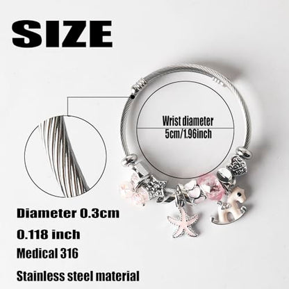 DS Charm Bracelets for girls,exquisite cute cartoon friendship bracelets Silver Stainless Steel Bangle with birthday Gift box, Adjustable girls jewelry Suitable for holiday gifts - style: Silver-Pink Pony