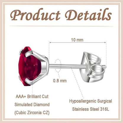 12 Pairs Stud Earrings Set, Hypoallergenic Surgical Stainless Steel 316L Earring for Women Men, Small Earring Studs Pack with Cubic Zirconia - color: Red-6 Sizes-3，4，5，6，7，8