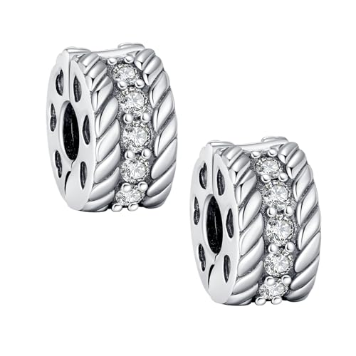 KEQ Clip Spacer Charm for Bracelet 925 Silver Pave Cubic Zirconia Clip Lock Stopper Bead Spacer For Women Bracelets Stopper Birthday Gifts European Openable Beads 2pcs - color: Love Twists