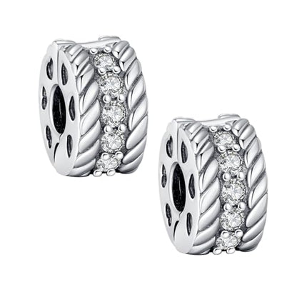 KEQ Clip Spacer Charm for Bracelet 925 Silver Pave Cubic Zirconia Clip Lock Stopper Bead Spacer For Women Bracelets Stopper Birthday Gifts European Openable Beads 2pcs - color: Love Twists