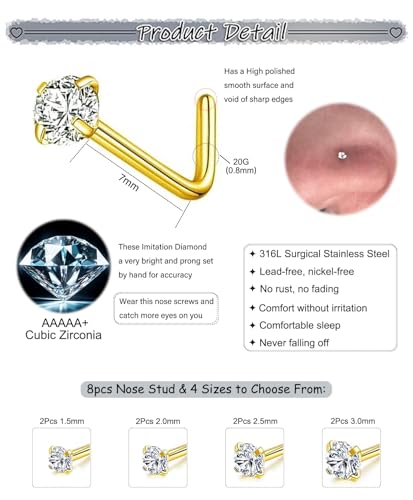 8PCS 18G 20G 22G Nose Studs, Hypoallergenic L Shaped Nose Rings Set | Gold/silver styles, 316L Surgical Stainless Steel, CZ sizes 1.5-3mm, secure fit for sensitive skin and daily wear - color: 20G L-Shaped Gold