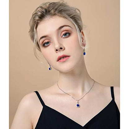 AMYJANE Crystal Jewelry Set for Women - Sterling Silver Square Cubic Zirconia CZ Bridal Pendant Necklace Earrings Set for Wedding Bride Bridesmaids Birthstone Fashion Jewelry Set - color: Sapphire