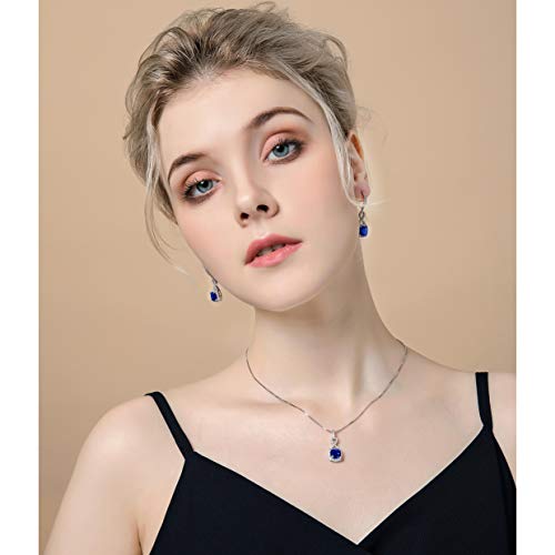 AMYJANE Crystal Jewelry Set for Women - Sterling Silver Square Cubic Zirconia CZ Bridal Pendant Necklace Earrings Set for Wedding Bride Bridesmaids Birthstone Fashion Jewelry Set - color: Sapphire