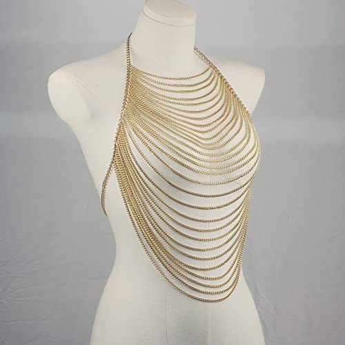 CHRAN Multi-Layer Body Chain Necklace, Gold Metal Chain Halter Top Jewelry, Sexy Chest Chain Accessory for Women - color: Golden