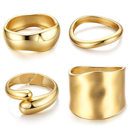 sailimue Chunky Gold Bracelets for Women Non Tarnish Bangles 4 Pcs | 16K Gold Plated Cuff Bracelets Stack Hinged Open Bangle Trendy Jewelry Gifts - style: Style B