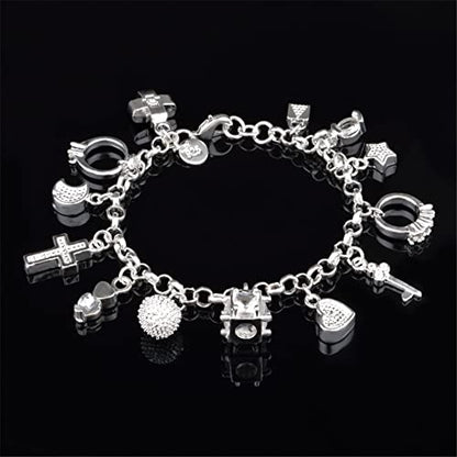 kelistom 925 Sterling Silver Bracelets for Women Teens, Love Heart Charm Chain Bracelet Bangle Fashion Jewelry Gifts - color: multi-charms