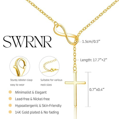 Lariat Necklace for Women, Dainty 14K Gold/Silver Plated Long Necklaces for Women Trendy Simple Layered Y-Shaped Pendant Necklace Adjustable Fashion Jewelry Gift - color: Gold, style: Infinity Cross Pendant