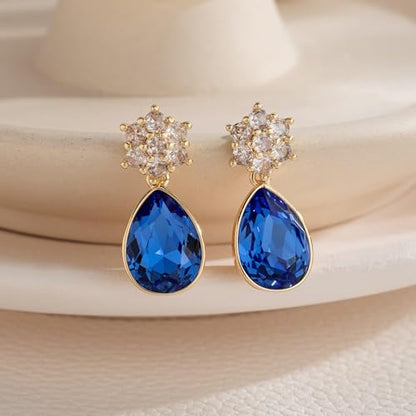 Elegant Austrian Crystal Teardrop Dangle Earrings for Women,14K Gold Plated Flower Drop Earrings Jewelry Gift for Birthday Wedding Anniversary - color: Sapphire